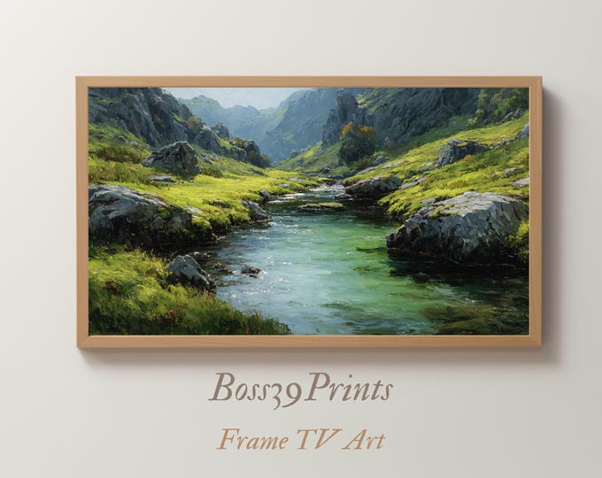 Moody Spring Mountain Landscape, Sunburst Valley Print, Vintage Rolling Hills, Rustic Frame TV