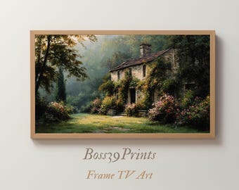 Moody Spring Cottage Oil Painting, Vintage Landscape Frame TV Art, Stone House (Digital Download)