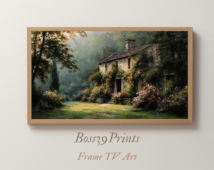 Moody Spring Cottage Oil Painting, Vintage Landscape Frame TV Art, Stone House (Digital Download)