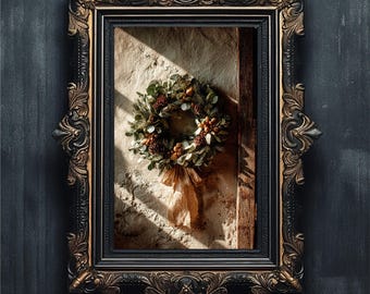 Vintage Christmas Wreath Art | Rustic Farmhouse Holiday Print | Moody Oil Painting #5-024