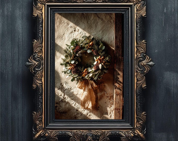 Vintage Christmas Wreath Art | Rustic Farmhouse Holiday Print | Moody Oil Painting #5-024