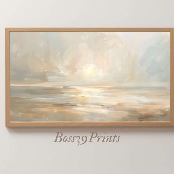 Vintage Coastal Sunrise - Abstract Oil Painting, Beige and Gray Beach Landscape, Frame TV Art, Digital Download #7-17