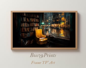 Cozy Bookstore Frame TV Art, Moody Rainy Window (Digital Download)