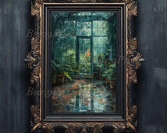 Rainy Day Greenhouse Art Print, Moody Botanical Painting (Digital Download)