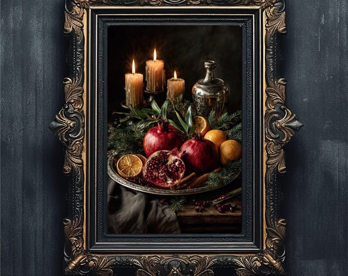 Moody Pomegranate Art | Vintage Winter Kitchen Decor | Christmas Still Life Painting #5-019