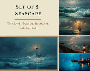 Samsung Frame TV Art Bundle | 5 Moody Seascape Oil Paintings | Vintage Lighthouse Storm | Coastal Set