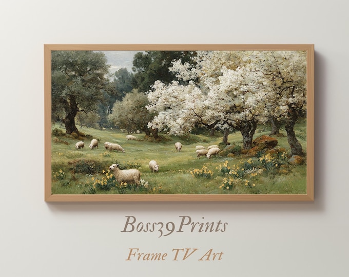 Moody Spring Daffodil Frame TV Art, Vintage Sheep Landscape Painting, Antique British Countryside Art