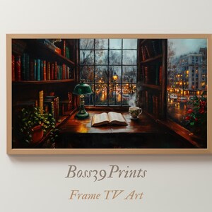 May include: A framed print of a cozy reading scene. A wooden desk with an open book, a green lamp, and a teacup sits by a window overlooking a city street at night. Bookshelves line the walls. The text "Boss39 Prints Frame TV Art" is at the bottom.