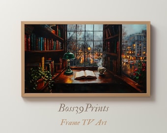 Frame TV Art, Cozy Library, Rainy City View (Digital Download)