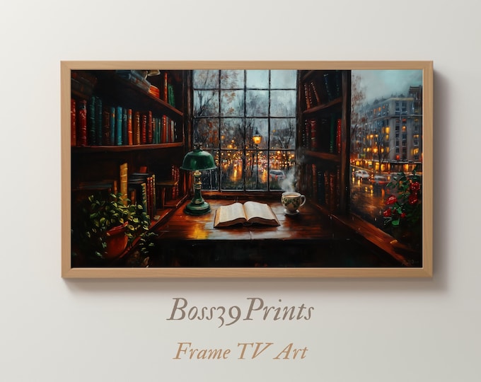 Frame TV Art, Cozy Library, Rainy City View (Digital Download)