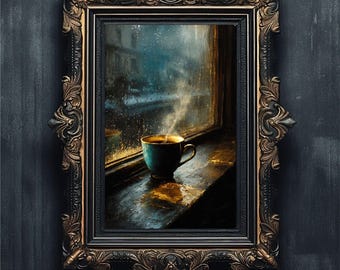 Rainy Day Coffee Art | Moody Still Life Oil Painting #1-017