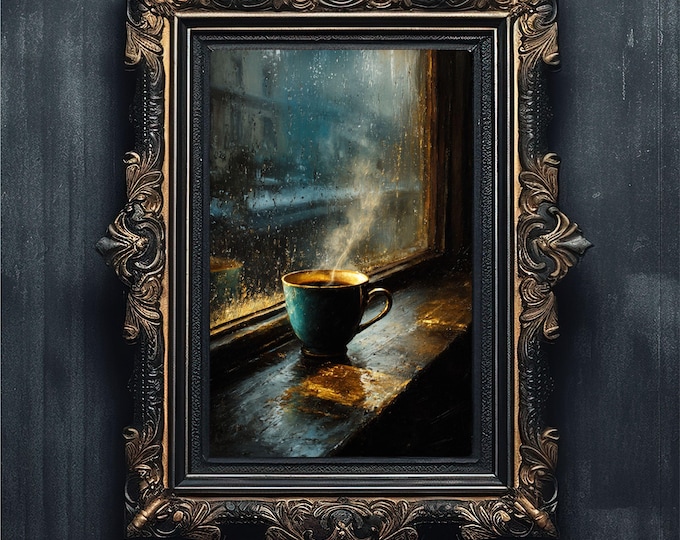 Rainy Day Coffee Art | Moody Still Life Oil Painting #1-017