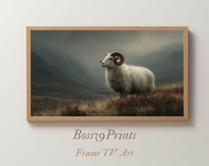 Spring TV Art Single Sheep Painting, Moody Pastoral Modern, Vintage Scenic Wall Art