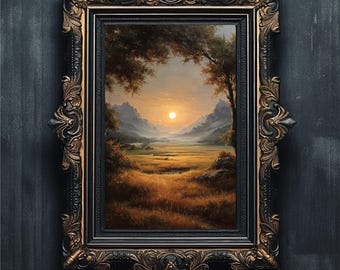 Moody Autumn Landscape | Vintage Sunset Oil Painting | Rustic Country Print | Golden Hour Art