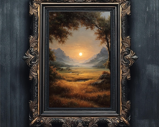 Moody Autumn Landscape | Vintage Sunset Oil Painting | Rustic Country Print | Golden Hour Art