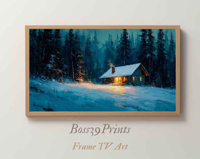 Samsung Frame TV Art | Winter Log Cabin | Snowy Forest Oil Painting | Moody Tonalism | Cozy Christmas Decor