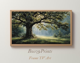 Moody Spring Oak Tree, Sunlit Forest Landscape, Vintage Green Woods, Rustic Frame TV