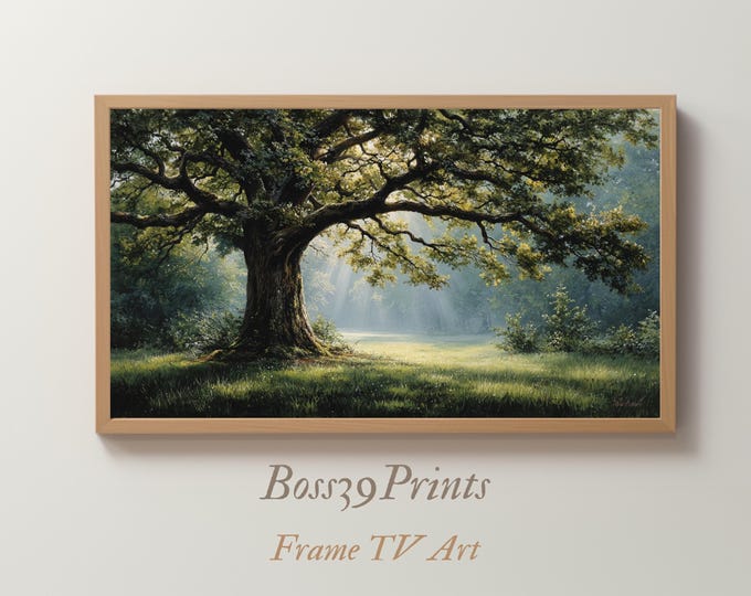 Moody Spring Oak Tree, Sunlit Forest Landscape, Vintage Green Woods, Rustic Frame TV