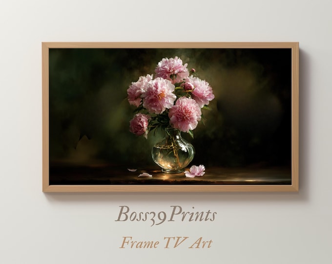 Samsung Frame TV Art | Moody Pink Peonies | Dark Academia Floral | Vintage Oil Painting 4K