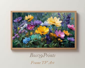 Colorful Wildflowers Frame TV Art Spring, Textured Floral Oil Painting, Moody Meadow Flowers