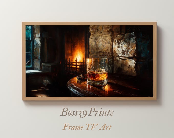 Fireside Whiskey Still Life Frame TV Art, Dark Academia (Digital Download)