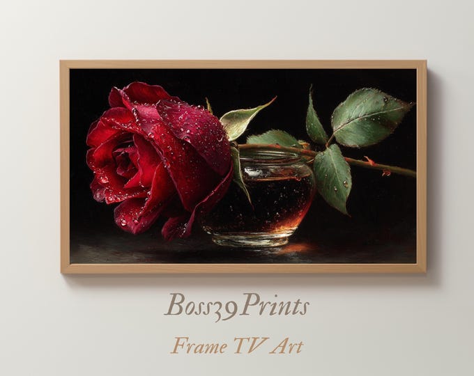Red Rose Frame TV Art, Moody Oil Painting, Dark Academia Decor, Romantic Valentine Gift