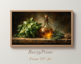 Samsung Frame TV Art | Vintage Olive Oil Painting | Moody Kitchen Decor | Tuscan Still Life