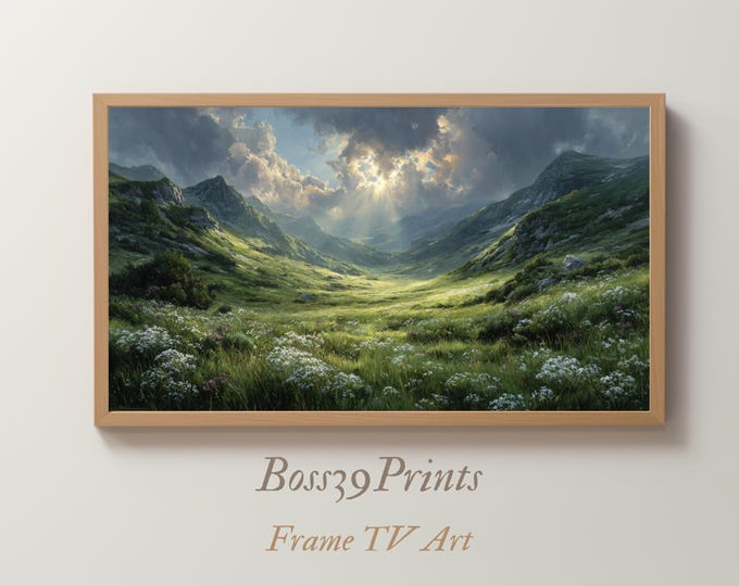 Moody Spring Mountain Landscape, Sunburst Valley Print, Vintage Rolling Hills, Rustic Frame TV