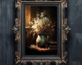 Moody Dried Flower Art | Chiaroscuro Still Life | Vintage Oil Painting #1-018