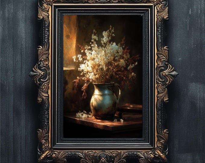 Moody Dried Flower Art | Chiaroscuro Still Life | Vintage Oil Painting #1-018