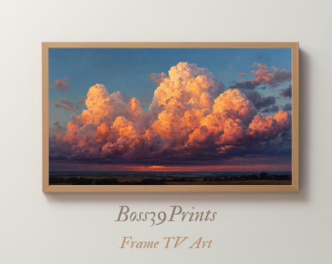 Samsung Frame TV Art | Majestic Cumulus Cloud Painting | Golden Hour Sunset | Vintage Sky Landscape | Romantic Pink & Orange | Oil Texture
