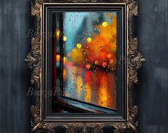 Rainy Window Oil Painting Print, Abstract City Lights (Digital Download)
