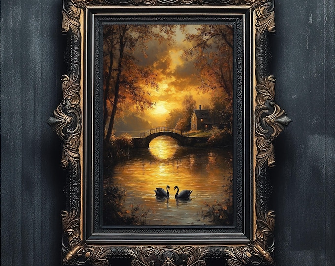Vintage Black Swan Lake Oil Painting | Romantic Cottage Landscape Art | Bridge Print