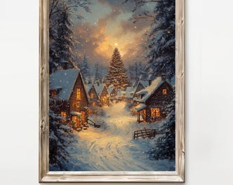 Vintage Christmas Village Oil Painting Print, Nostalgic Winter Scene (Digital Download)