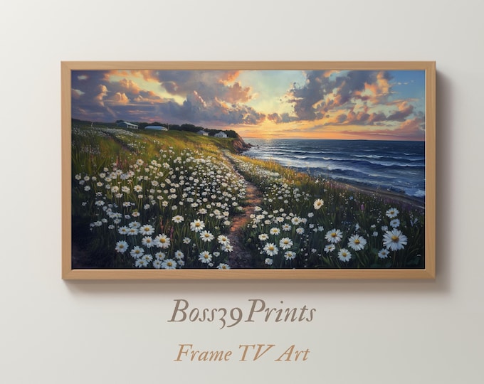 Coastal White Wildflower Path Frame TV Art | Moody Beach Farmhouse Digital Wallpaper