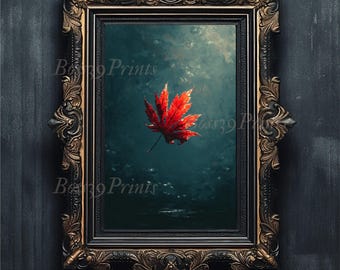 Red Maple Leaf Oil Painting, Moody Autumn Wall Art (Digital Download)