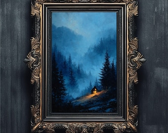 Moody Cabin in Mist Print, Dark Forest Landscape (Digital Download)