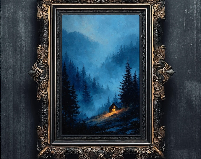Moody Cabin in Mist Print, Dark Forest Landscape (Digital Download)