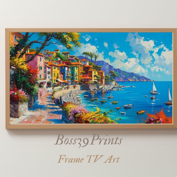 Mediterranean Coastal Village Frame TV Art, Vintage Style, Oil Painting, Summer Art, Digital Download #7-29