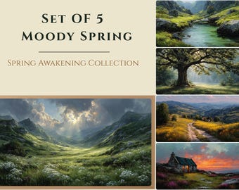 Moody Spring Frame TV Art Bundle, Set of 5 Vintage Highland Landscapes, Easter Art