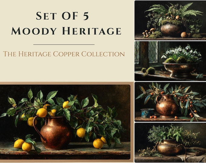 Moody Heritage Frame TV Art Bundle | Vintage Copper Still Life Set of 5