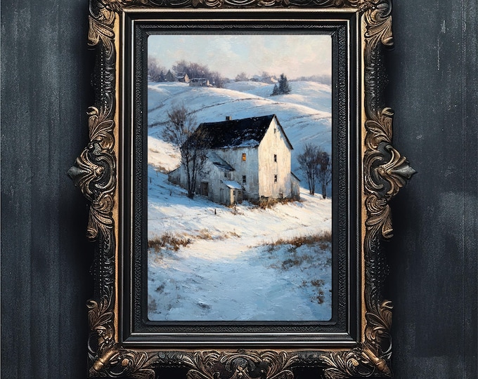 Moody Winter Farmhouse Art | Snowy Landscape Painting | Vintage Solitude Print #6-05