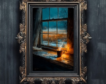 Farmhouse Window Pumpkin Patch Print, Moody Autumn Art (Digital Download)