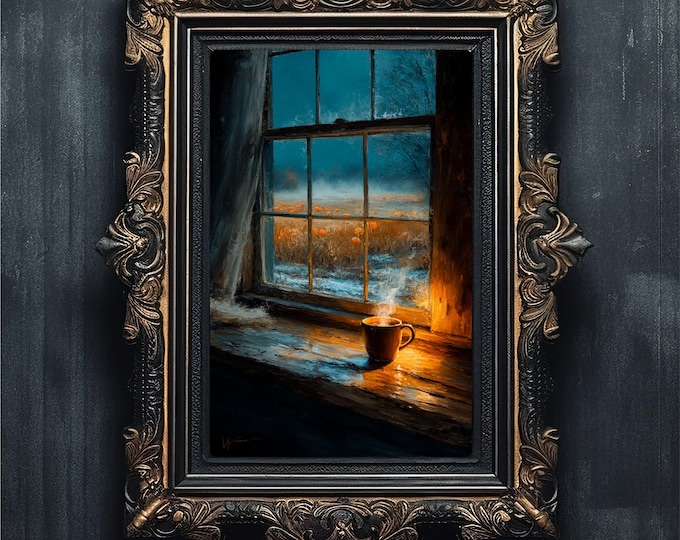 Farmhouse Window Pumpkin Patch Print, Moody Autumn Art (Digital Download)