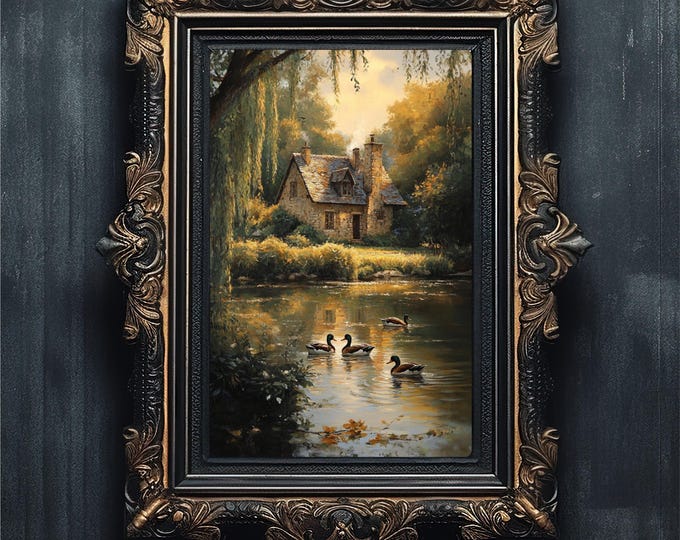 Vintage River Cottage with Ducks Art | Moody Cottagecore Farmhouse Wall Decor | Nostalgic Countryside Print