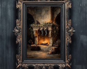 Christmas Fireplace Oil Painting Print, Vintage Mantel Decor (Digital Download)