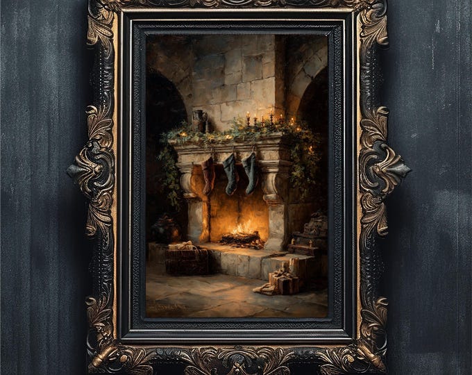 Christmas Fireplace Oil Painting Print, Vintage Mantel Decor (Digital Download)