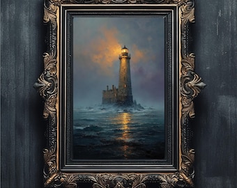 Moody Lighthouse Seascape Art Print, Vintage Coastal Decor (Digital Download)