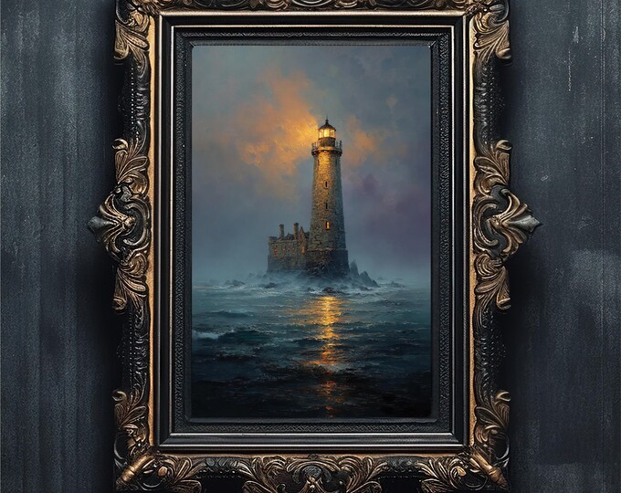 Moody Lighthouse Seascape Art Print, Vintage Coastal Decor (Digital Download)