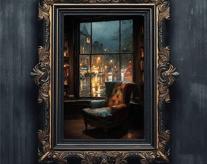 Dark Academia Art Print, Rainy Window, Moody Library Decor (Digital Download)